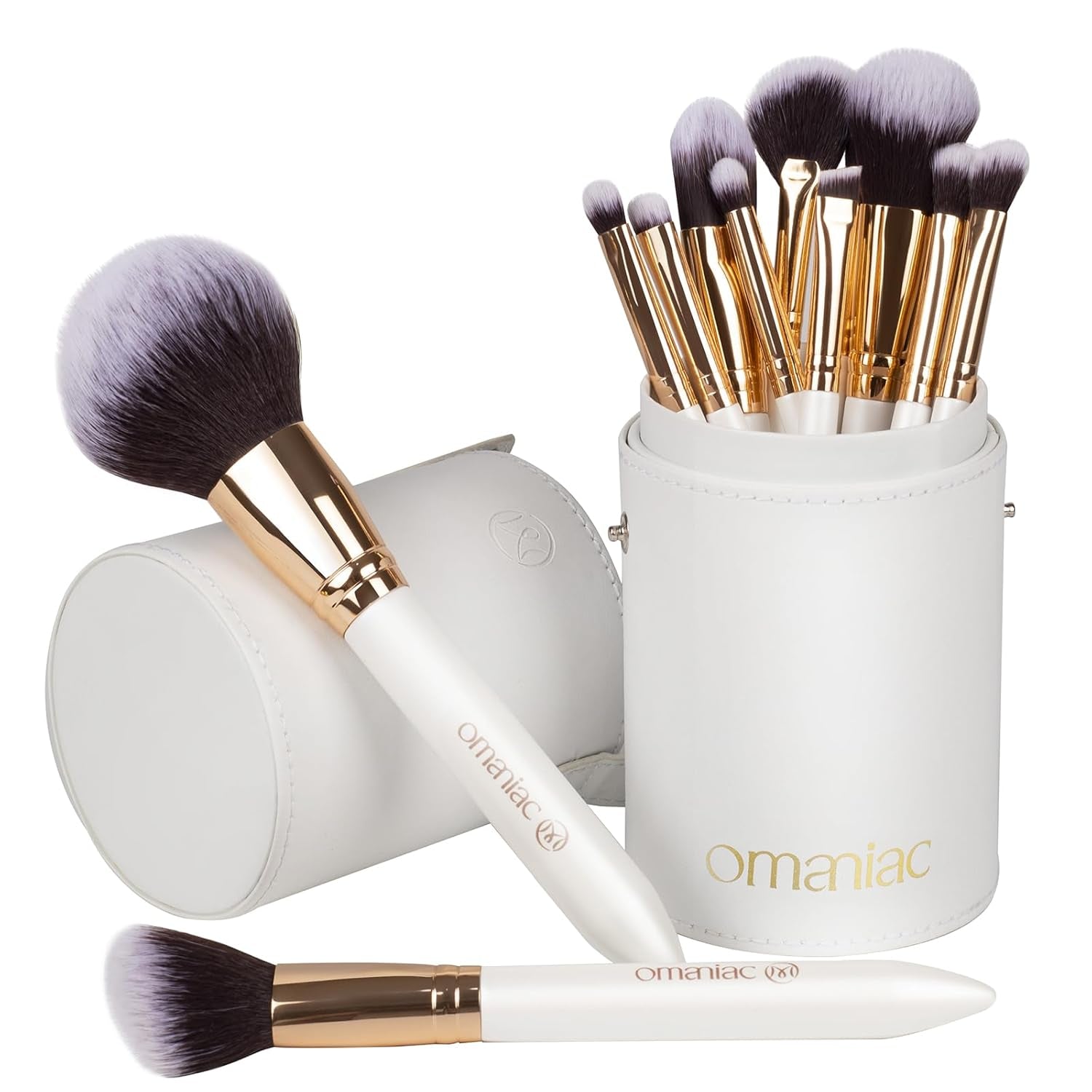 Makeup Brush Set Professional, 12 Pearlescent Wood Handle Makeup Brushes, Premium Cruelty-Free Synthetic Fiber Hair, Travel Make up Brushes Set with Case (White).